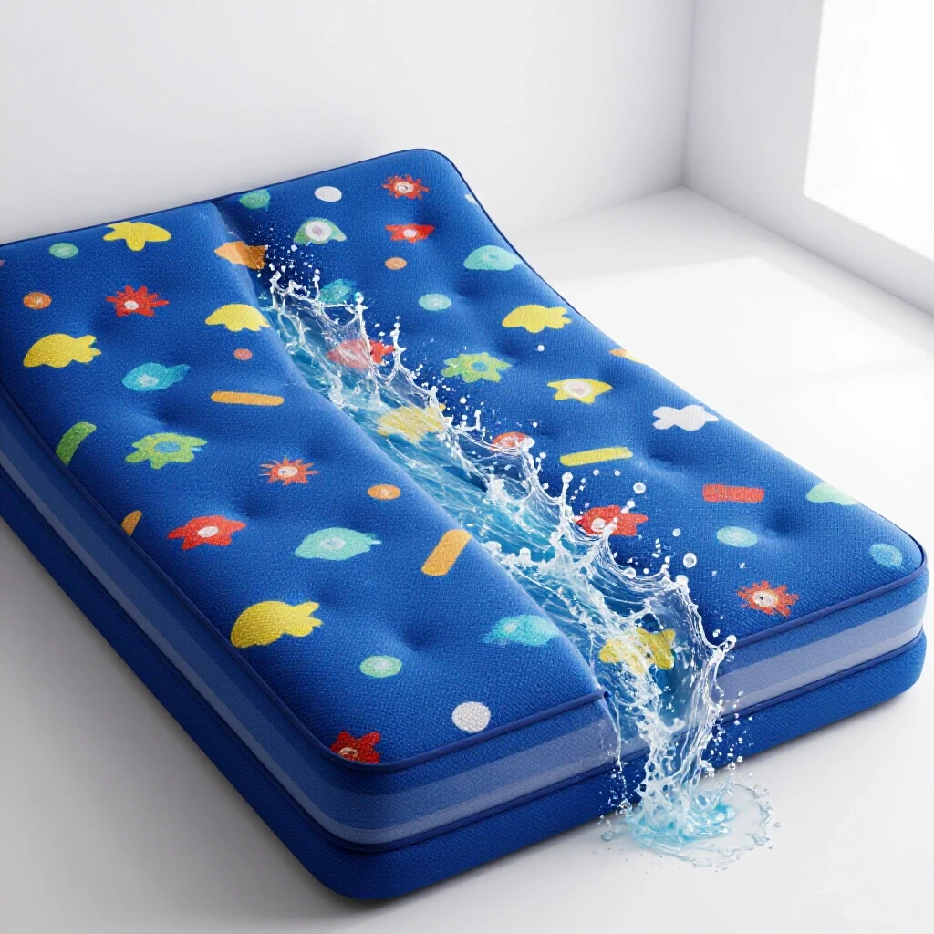 A vibrant blue mattress separated by a transparent barrier from a large splash of water, showcasing leak protection.