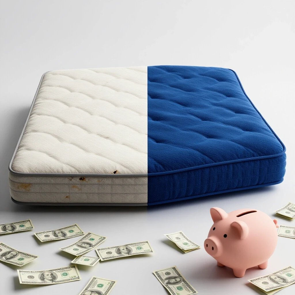 A split image showing an old worn-out mattress juxtaposed with a luxurious new mattress, implying cost comparison.