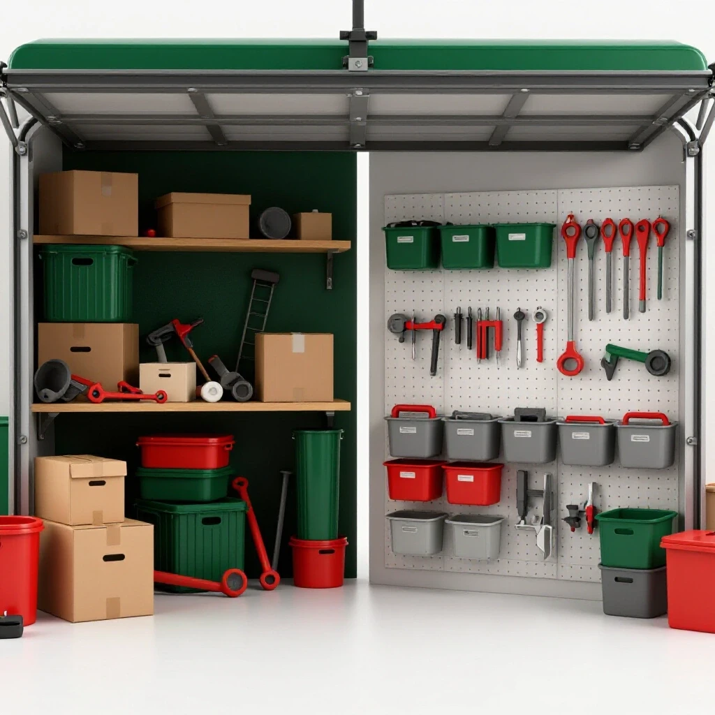 Split image contrasting a cluttered garage with organized storage solutions, highlighting tips for maximizing space.