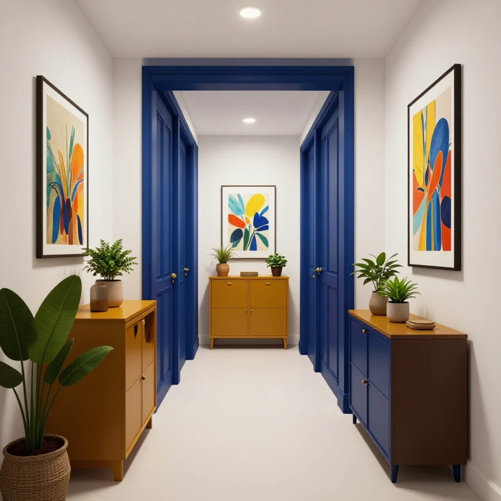 Illustration of a stylish hallway featuring clever storage solutions and vibrant decor, showcasing a cozy atmosphere.