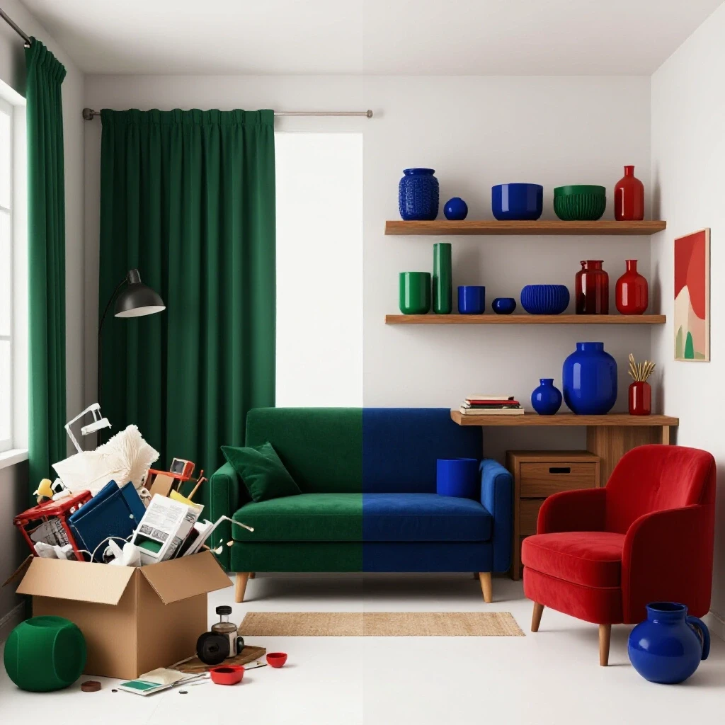 A 3D image showcasing a cluttered room transforming into an organized space, highlighting the Maybe Box Method.
