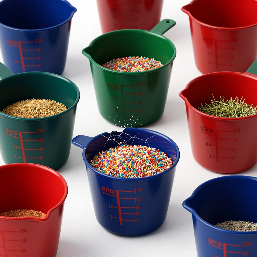 A close-up of colorful measuring cups, one overflowing with ingredients, another showing wear and tear, set against a bright background.