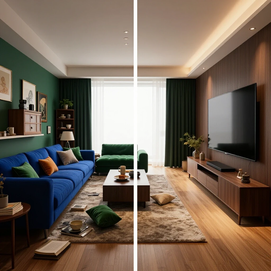 A split image of a renovated media room showing a cozy, modern side contrasted with an outdated space.