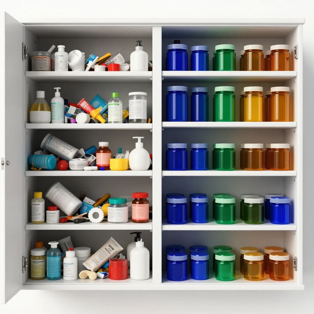 A visually striking medicine cabinet comparison, one side cluttered and chaotic, the other neatly organized with rich colors.