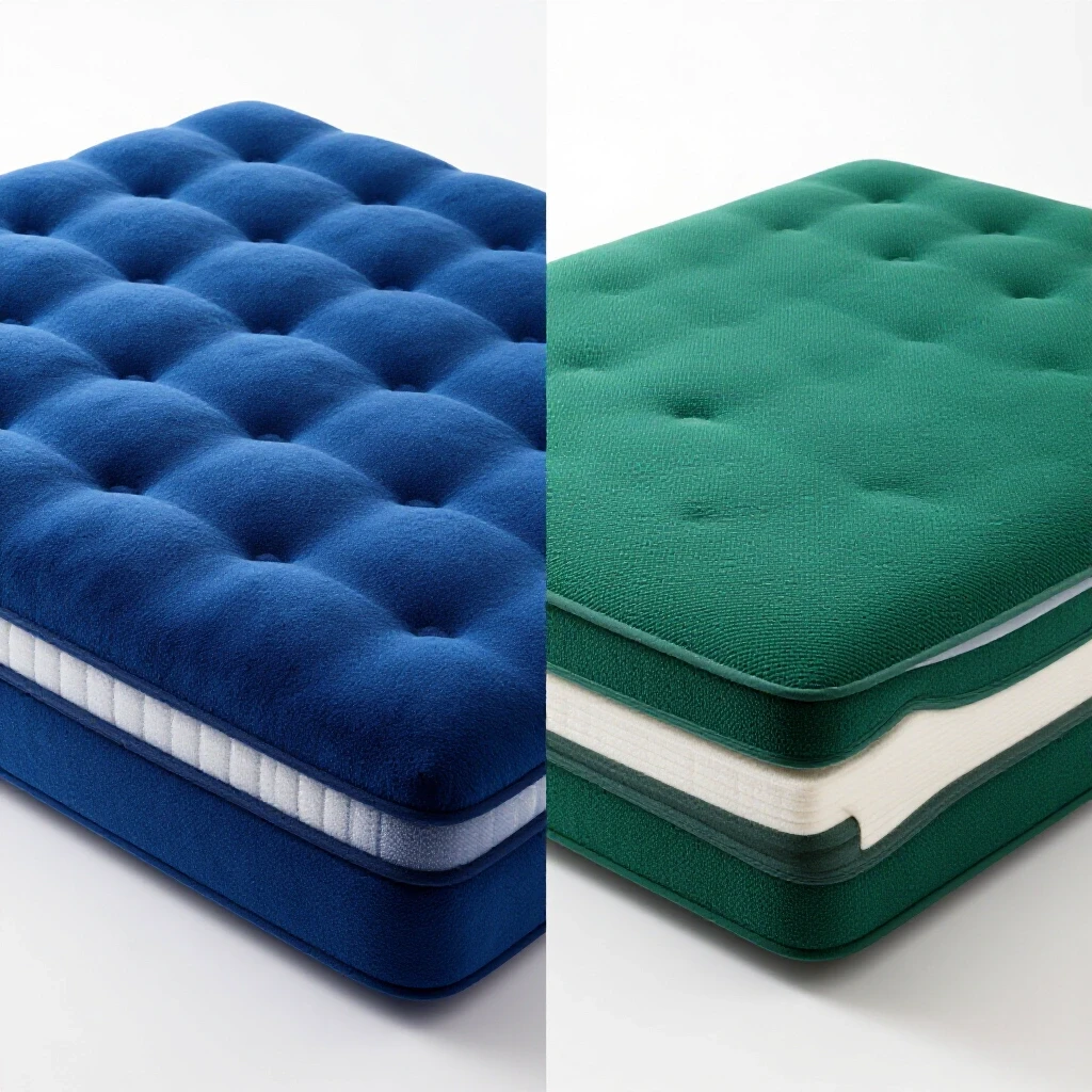 A split image showcasing a plush memory foam mattress in royal blue and a structured hybrid mattress in emerald green to compare features.