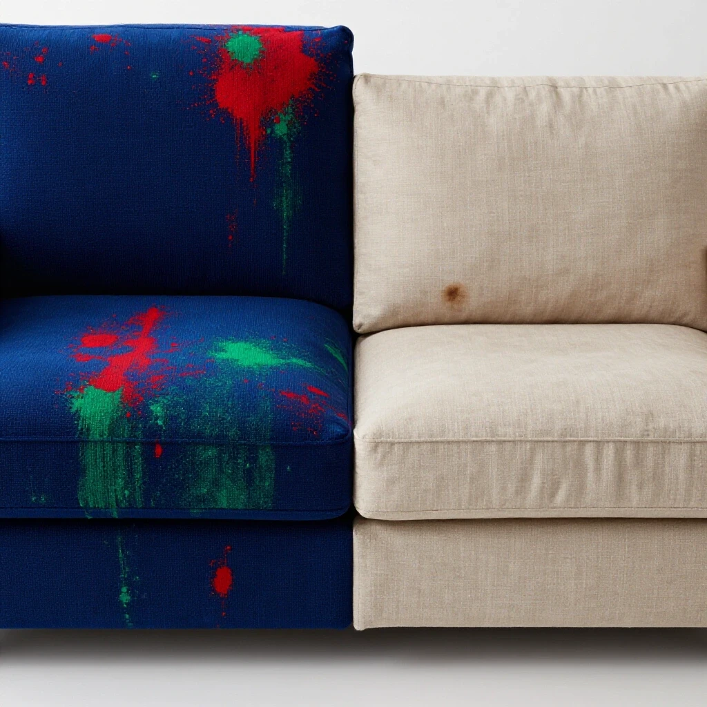A visually striking comparison of a microfiber sofa with colorful spills and a linen sofa with a visible stain, illustrating spill resistance.