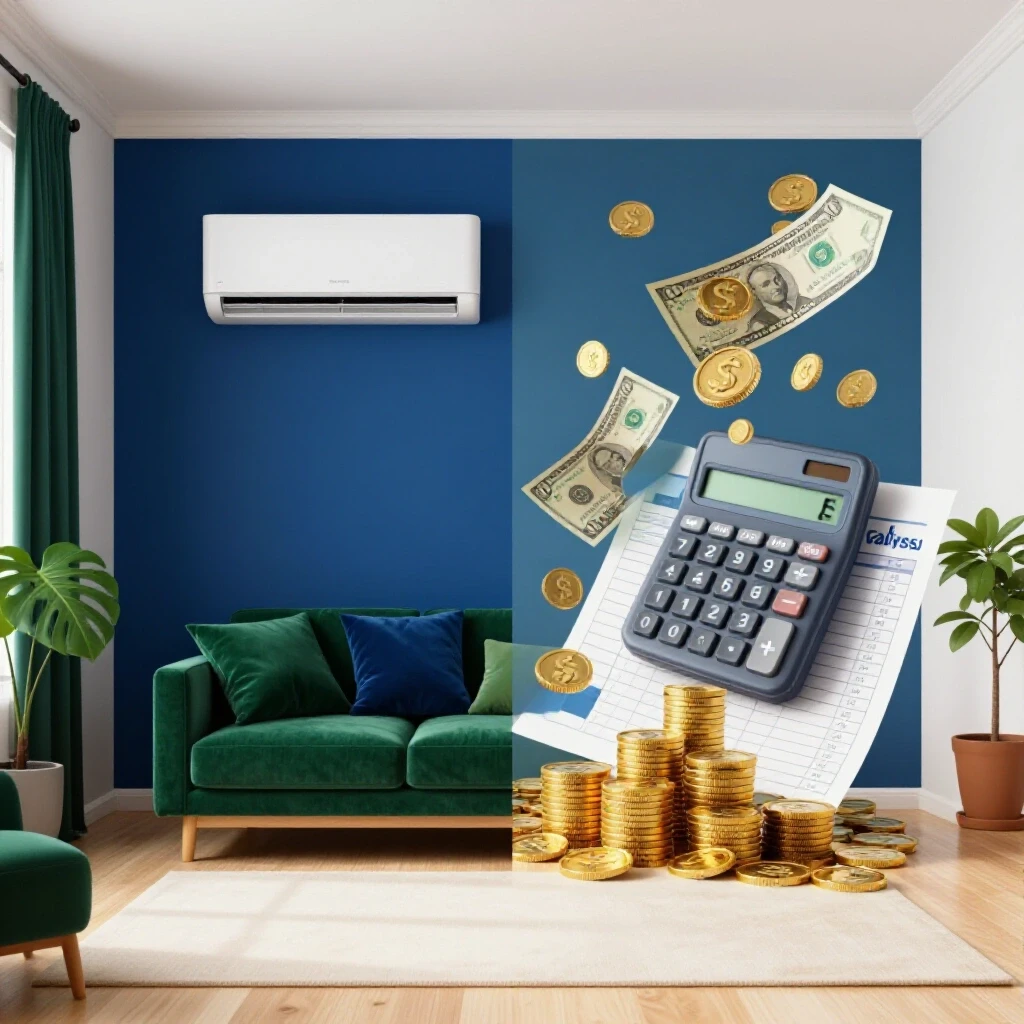 A split-screen image depicting a stylish room with a mini-split air conditioner and a visual of money-saving elements like coins and a calculator.