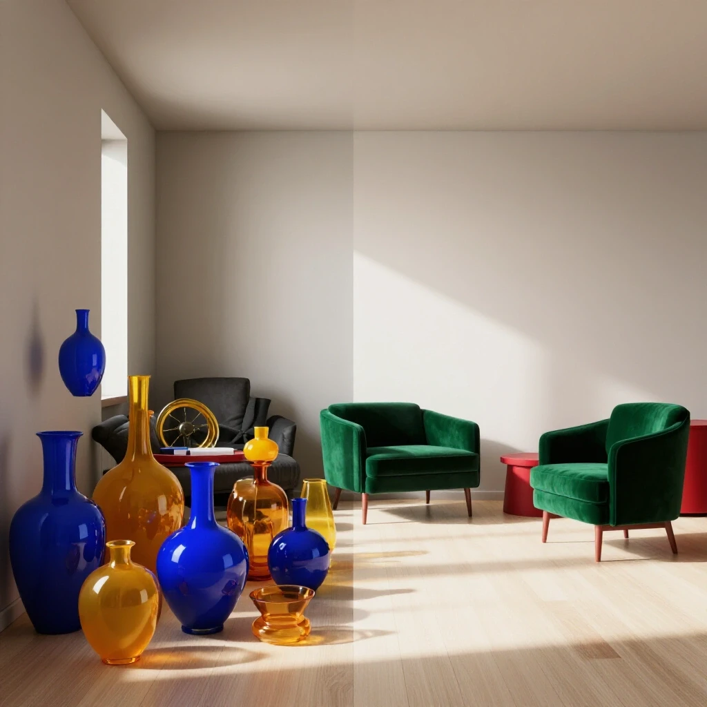 A striking visual contrast between a cluttered room filled with colorful objects and a serene minimalist space, illustrating the benefits of decluttering.
