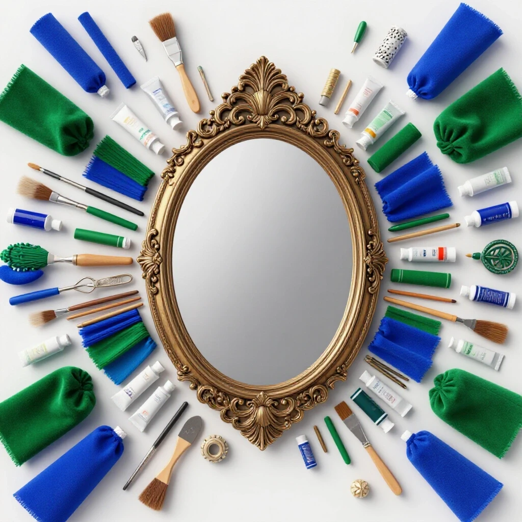 A richly decorated mirror surrounded by vibrant crafting materials and tools in a circular arrangement.