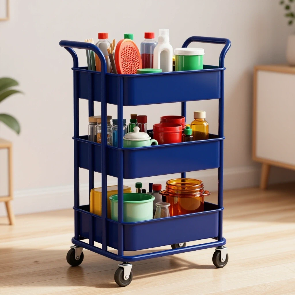 A vibrant mobile storage cart filled with colorful supplies, set against a bright and clean room environment.