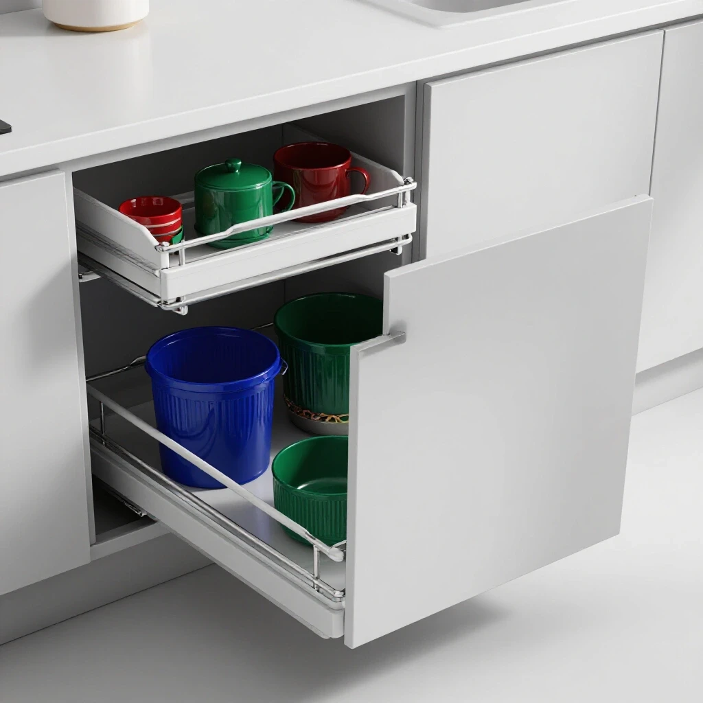 Modern kitchen featuring a vibrant trash pullout cabinet with organized interior and colorful kitchen accessories.