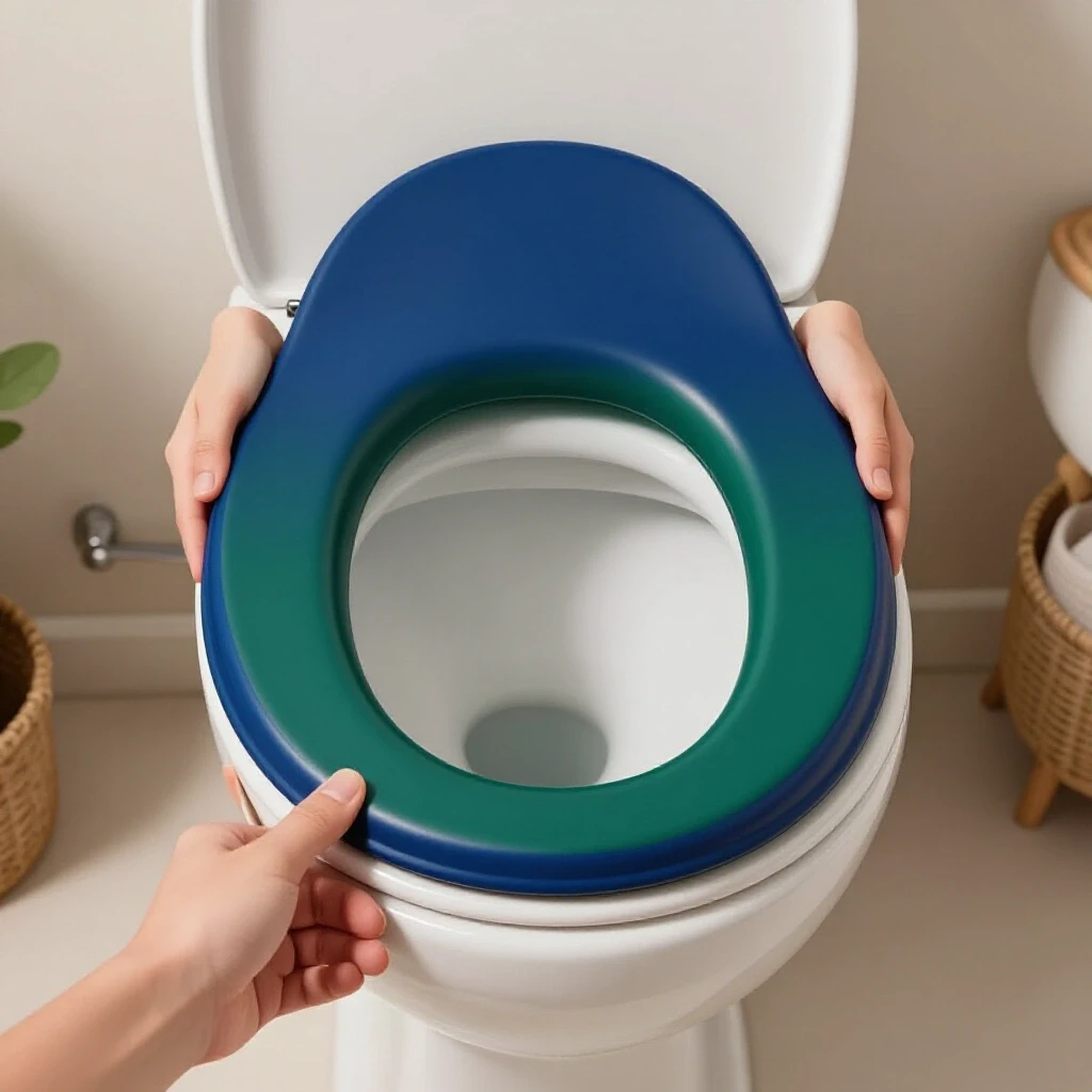 A close-up of a modern toilet seat being held in hands, set against a cozy bathroom background.