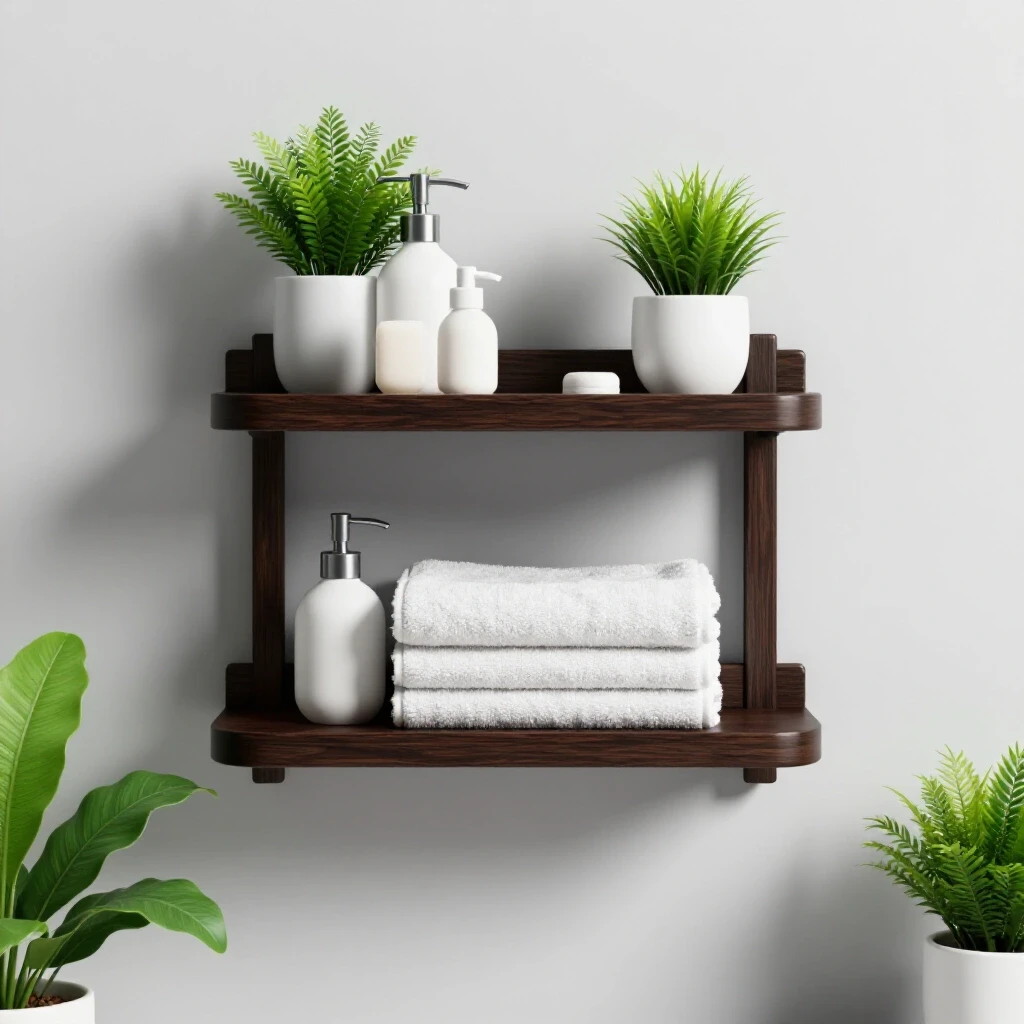 A moisture-resistant bathroom shelf surrounded by greenery and essentials showcasing a fresh and clean aesthetic.
