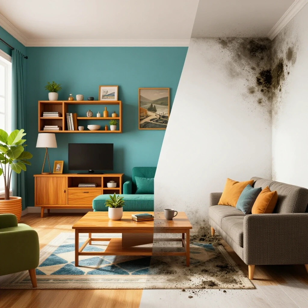 A stark contrast between a beautifully decorated interior and a mold-affected area, illustrating remediation costs.