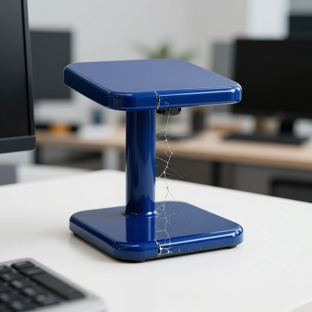Close-up of a monitor stand showing one pristine side and one cracked side, set against a blurred busy workspace.