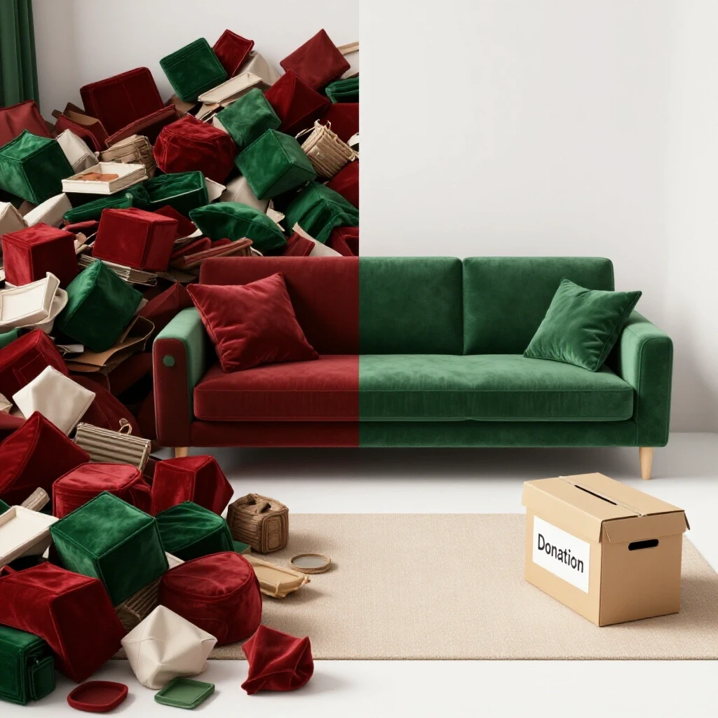 A split living room image showing one half cluttered with items and the other half minimalistic with a donation box.