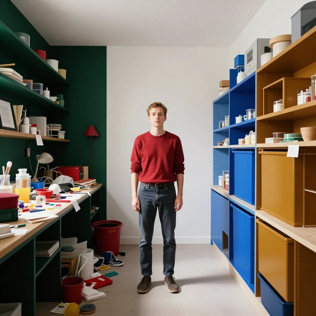 A split image showcasing a cluttered and organized home space, illustrating a monthly purge system.
