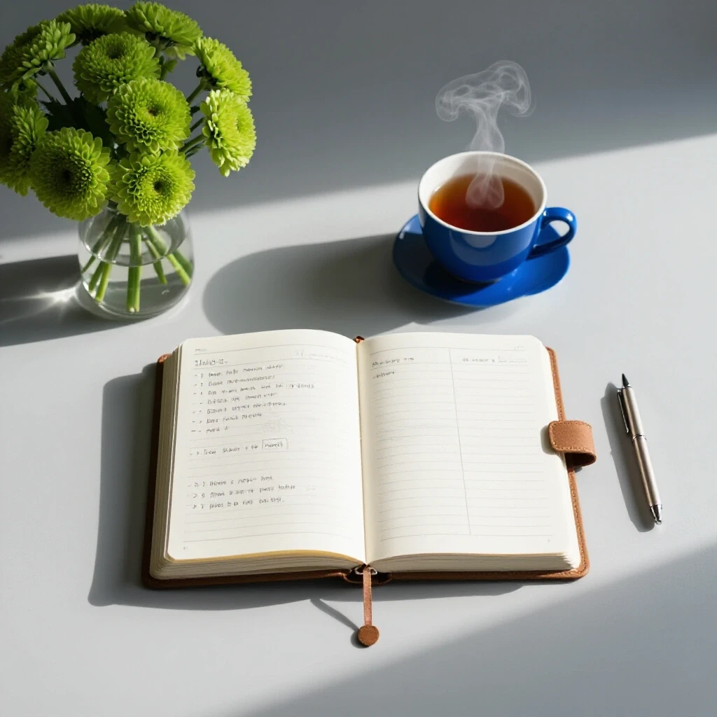 A peaceful morning workspace with an open planner, a steaming cup of tea, and vibrant flowers under bright lighting.