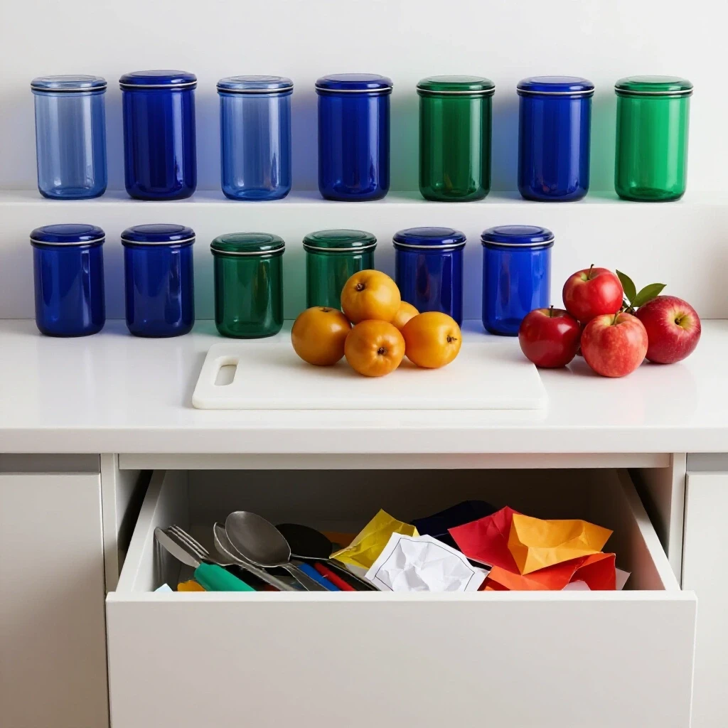A visually striking kitchen scene highlighting an organized countertop contrasted with a messy drawer, representing home organization.
