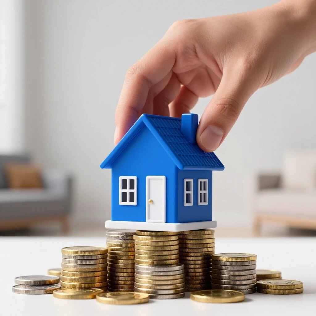 A hand placing a small, blue house model on a stack of coins in a bright, cozy living room setting.