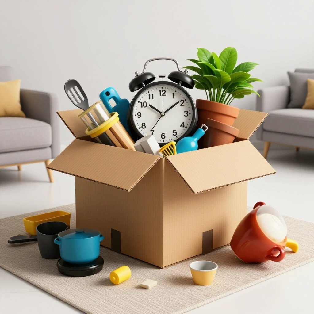 An open cardboard box overflowing with mismatched items spilling onto a neat living room floor, showcasing moving day chaos.