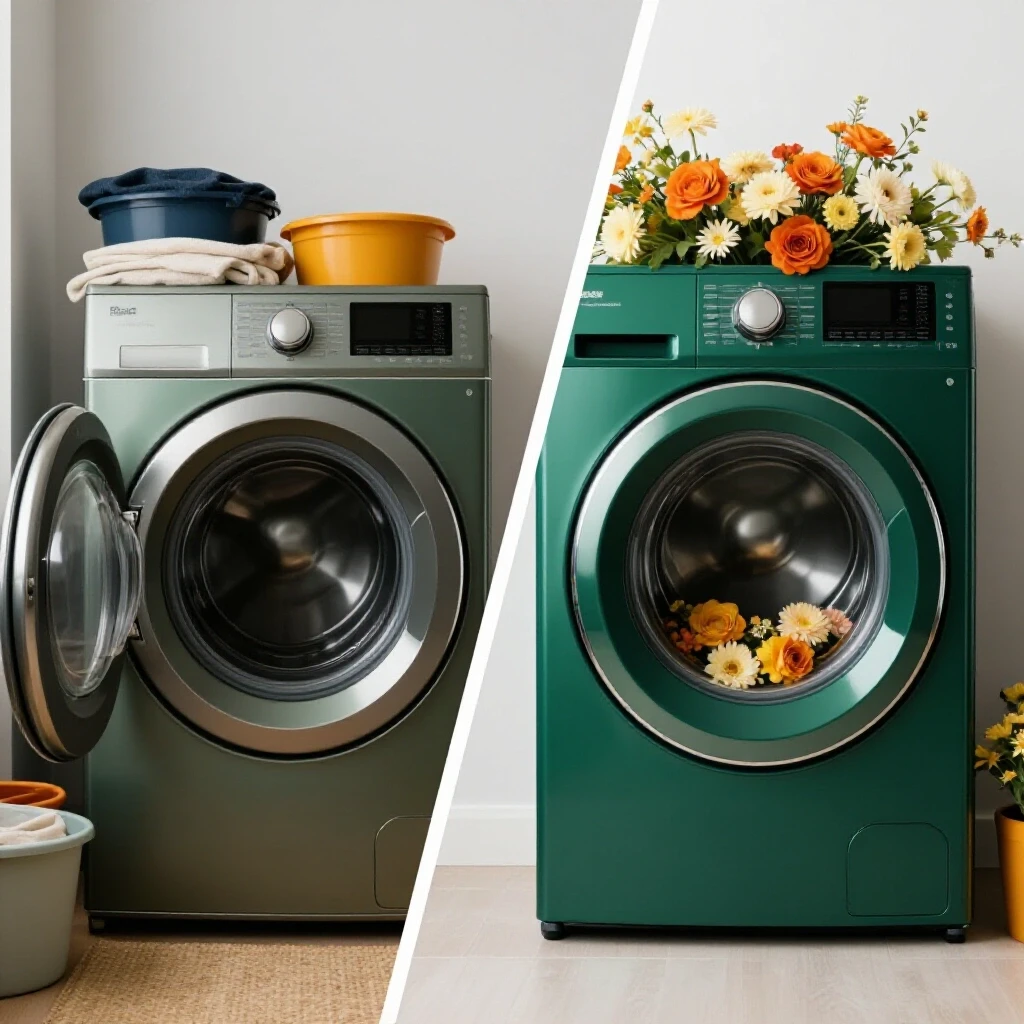 A split image showing a modern laundry room filled with flowers on one side and a cluttered, outdated laundry space on the other, symbolizing transformation.