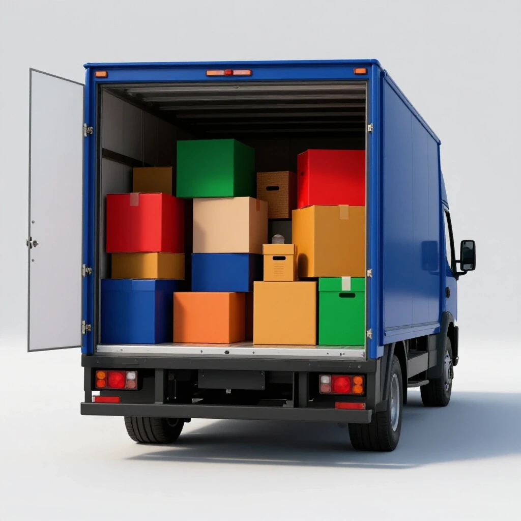 A vibrant moving truck filled with colorful boxes and items in a bright studio environment.
