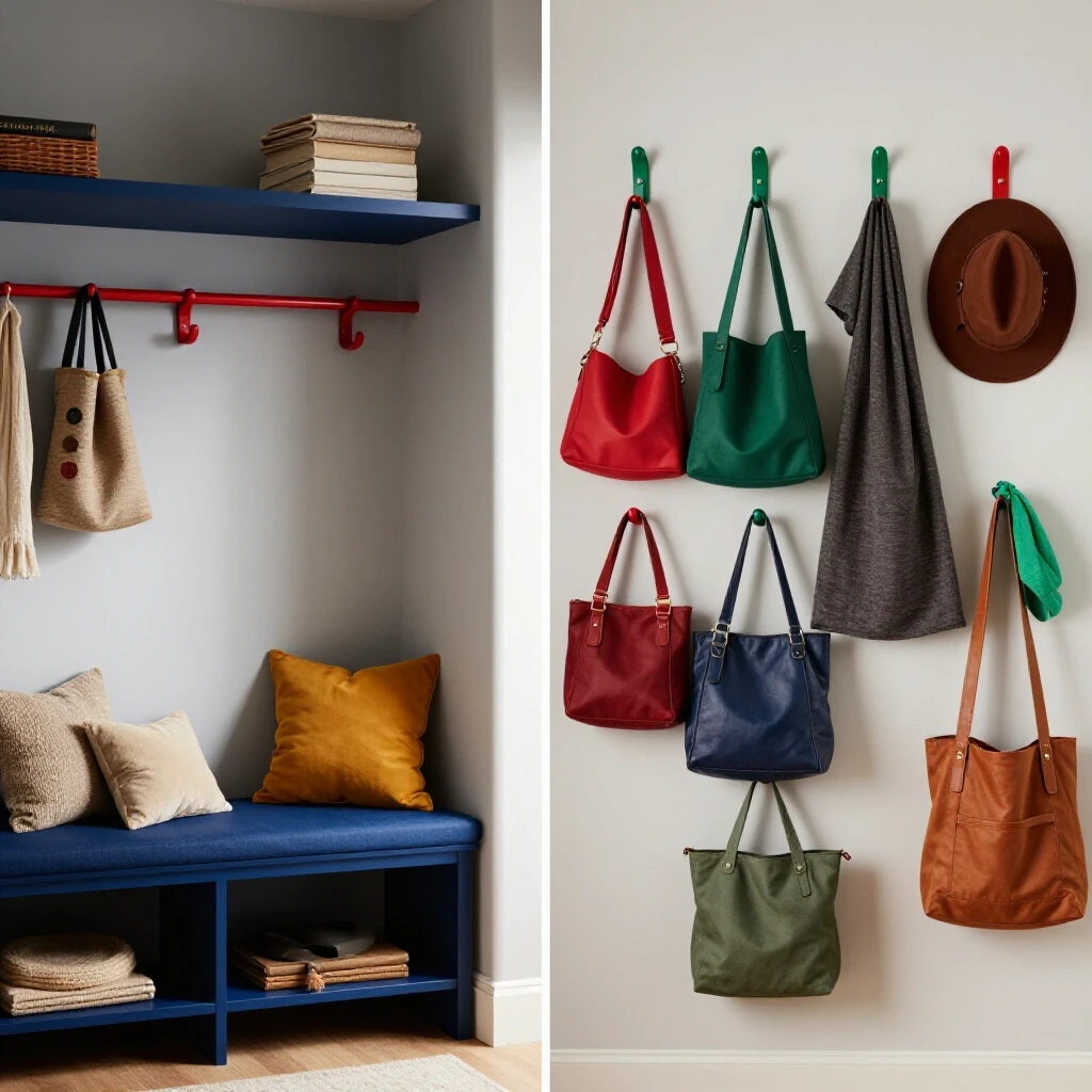 Image comparing a stylish mudroom bench with cushions and colorful wall hooks displaying bags and hats in a bright setting.