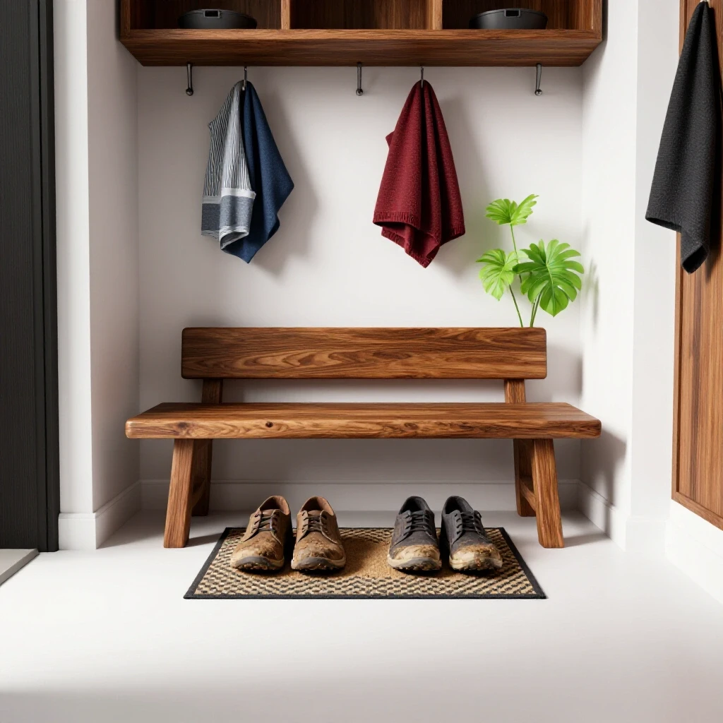 An inviting mudroom entryway with a rustic wooden bench, muddy shoes on a stylish mat, and a vibrant plant accent.