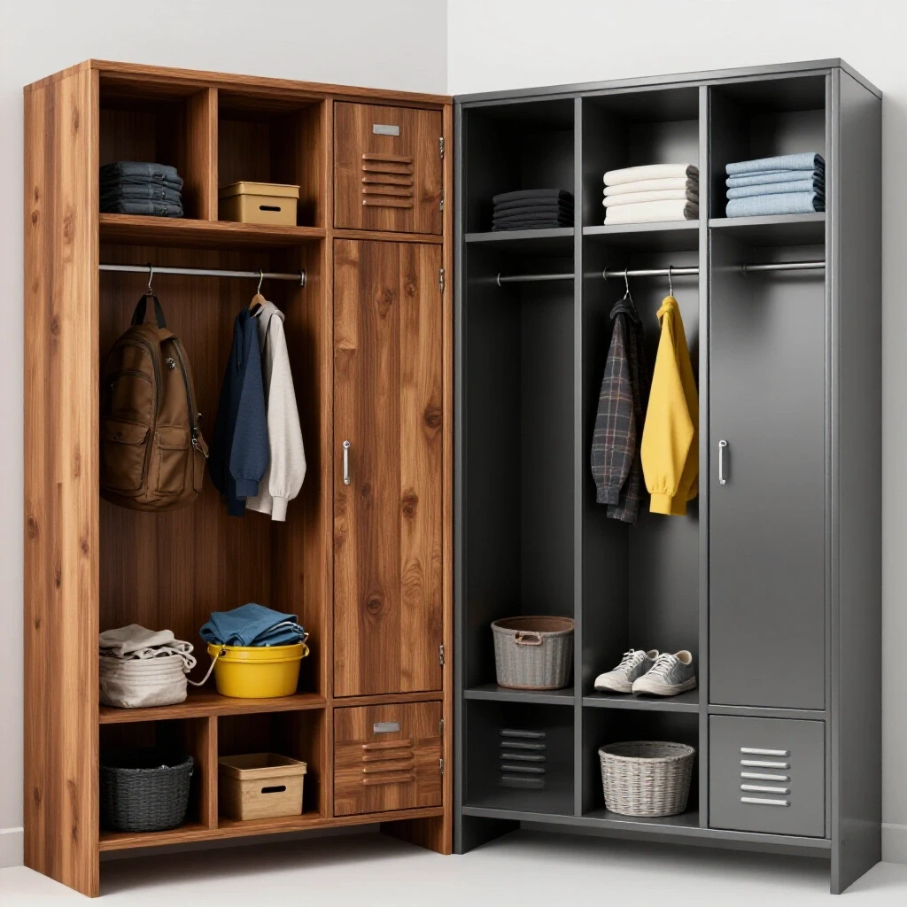 A split view of an organized mudroom with rustic wooden and sleek metal lockers, contrasting with a cluttered section.
