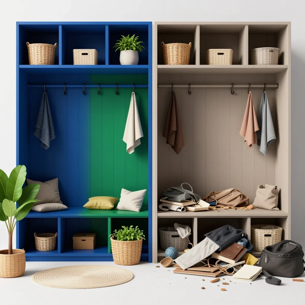 A visually striking comparison of a modern mudroom makeover alongside a cluttered outdated version, demonstrating practical storage solutions.