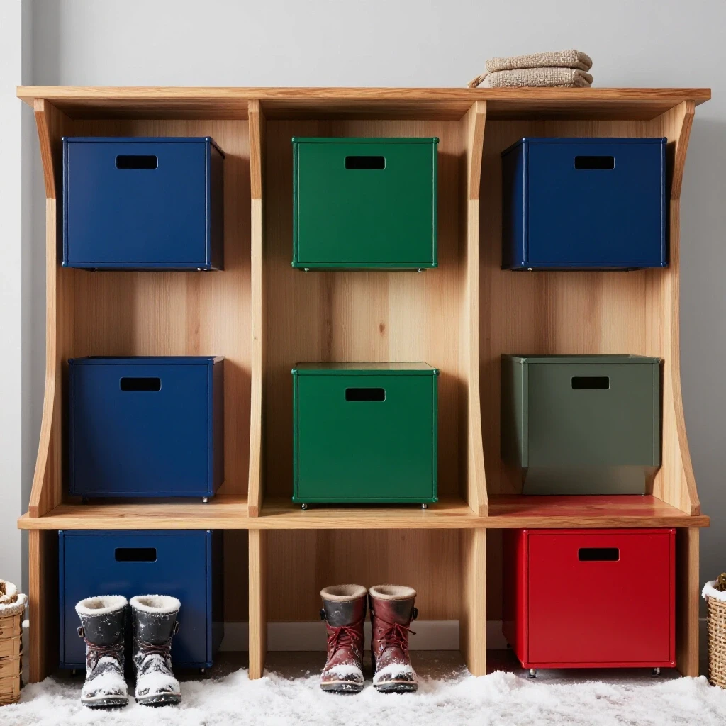 Cozy mudroom filled with vibrant storage solutions and winter elements like snow-dusted boots, designed for kids and pets.