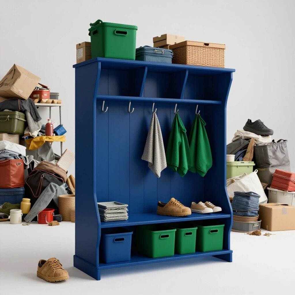 A beautifully organized mudroom contrasted with chaotic storage solutions in the background, highlighting effective storage design.