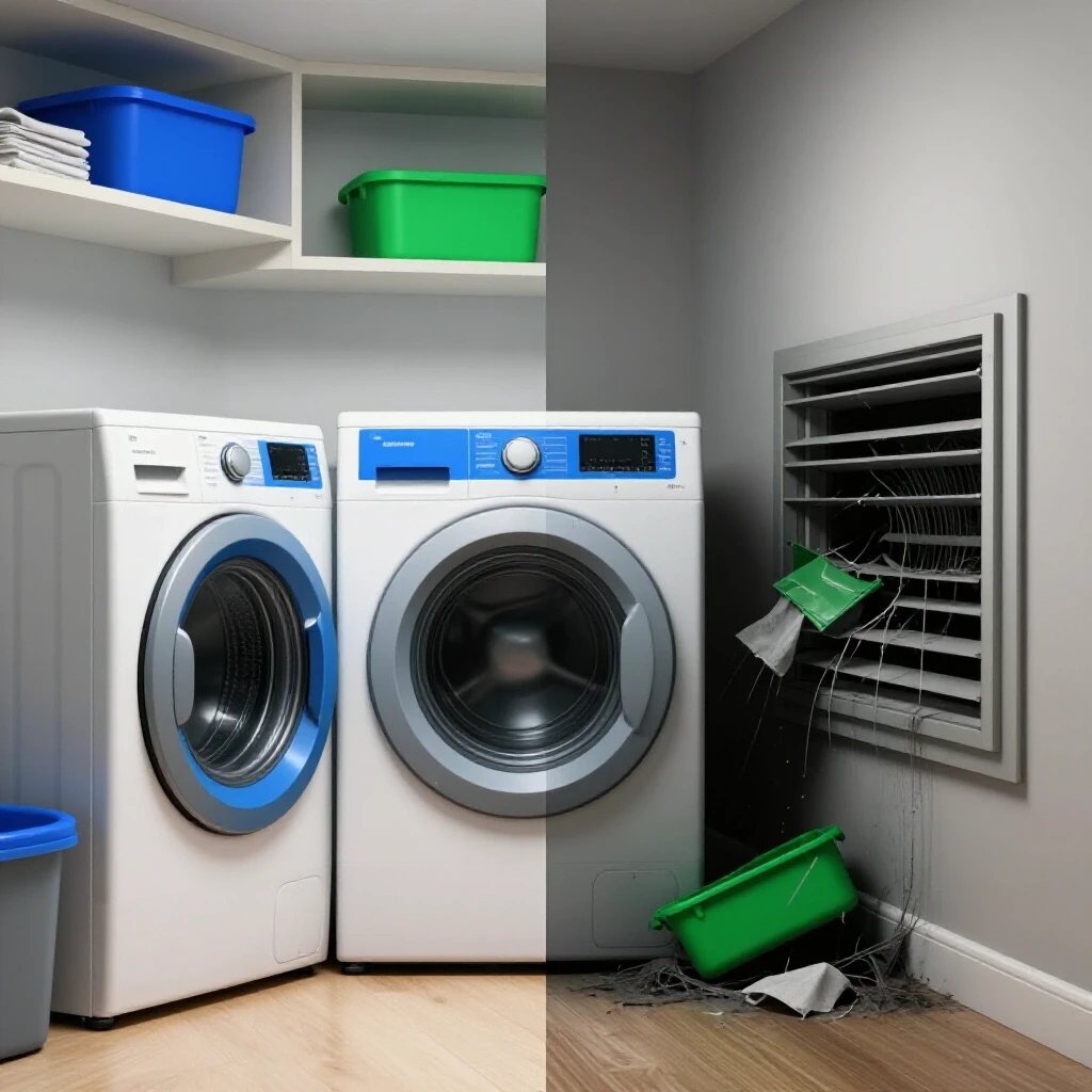 A bright laundry room contrasted with a shadowy clogged dryer vent, showcasing fire safety importance.