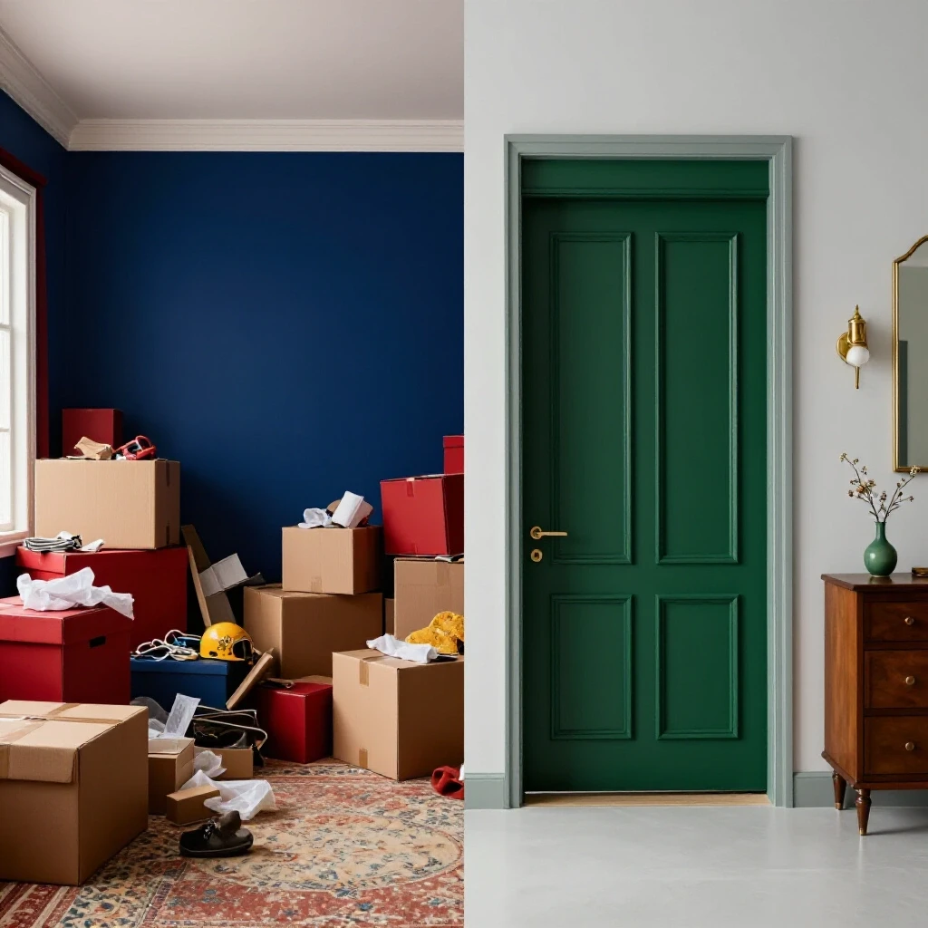 A split scene showing a cluttered room with moving boxes on the left and a serene transitional home space on the right, illustrating the moving process.