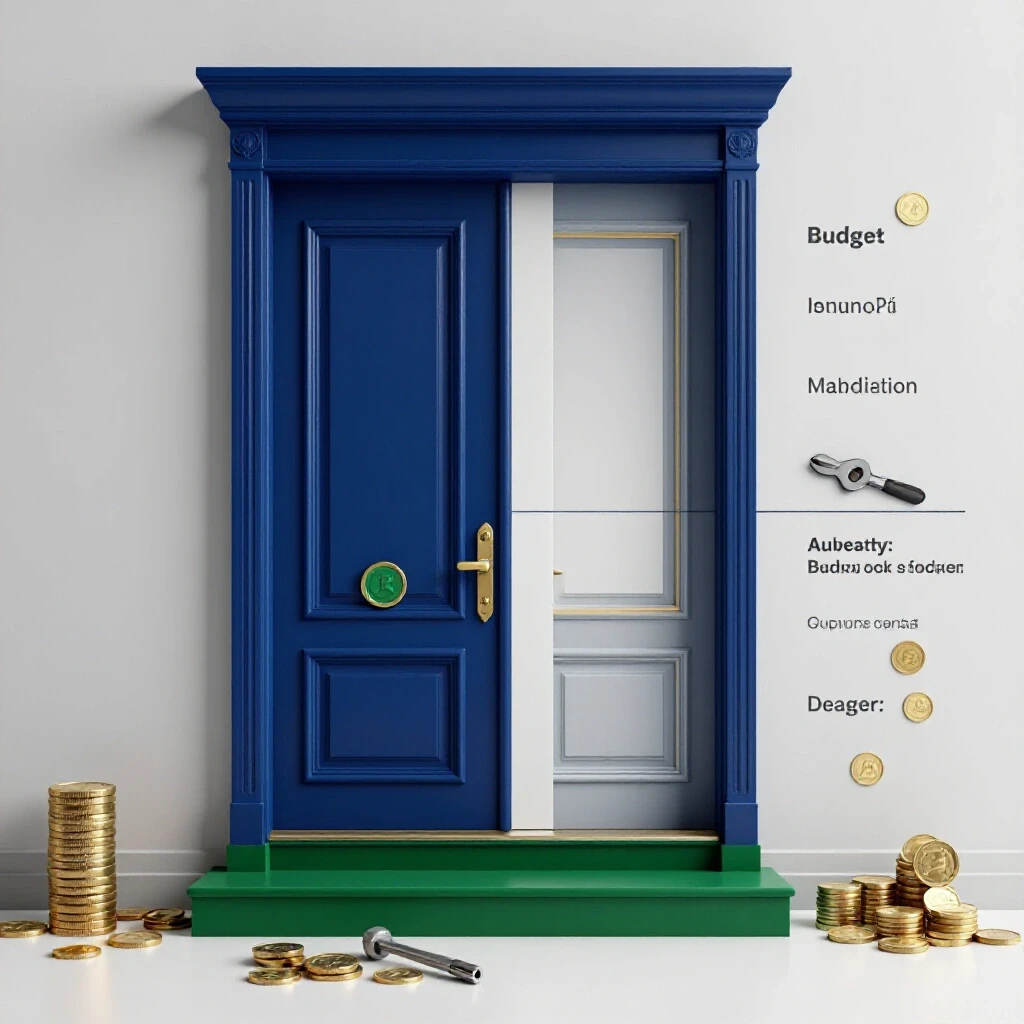 Split-screen image showcasing a luxurious no-step entry and a detailed budget breakdown with coins and tools.