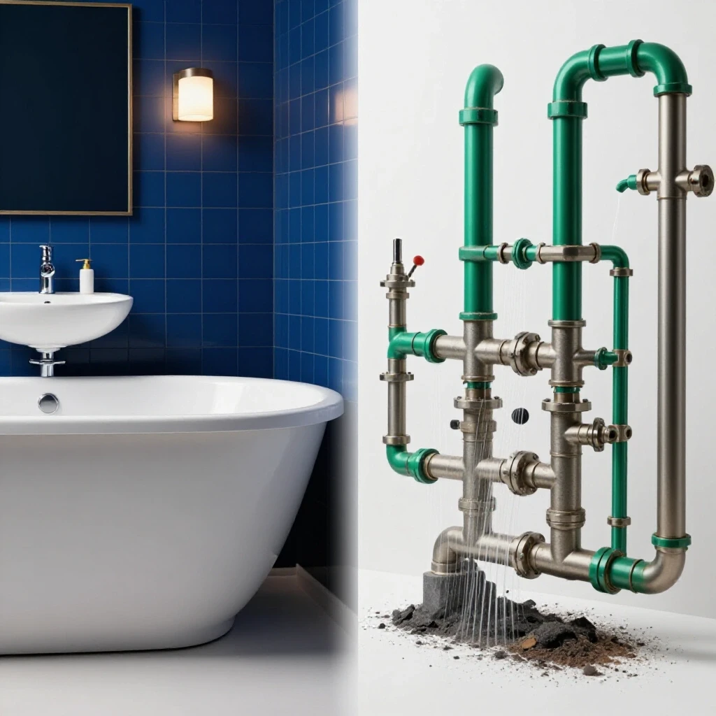 A serene bathroom contrasting with a chaotic plumbing setup, illustrating transformation from noise to calm.