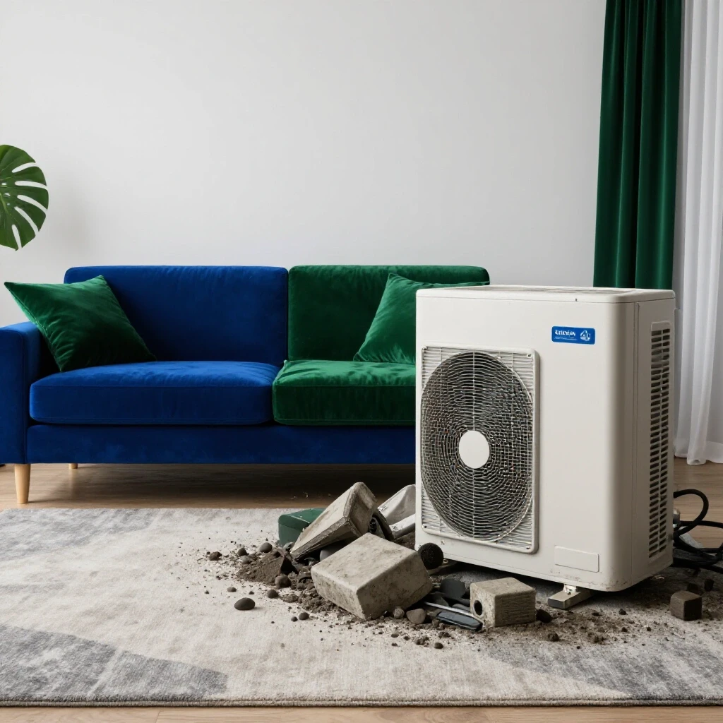 A serene living room contrasted with a chaotic HVAC unit, emphasizing noise versus tranquility.