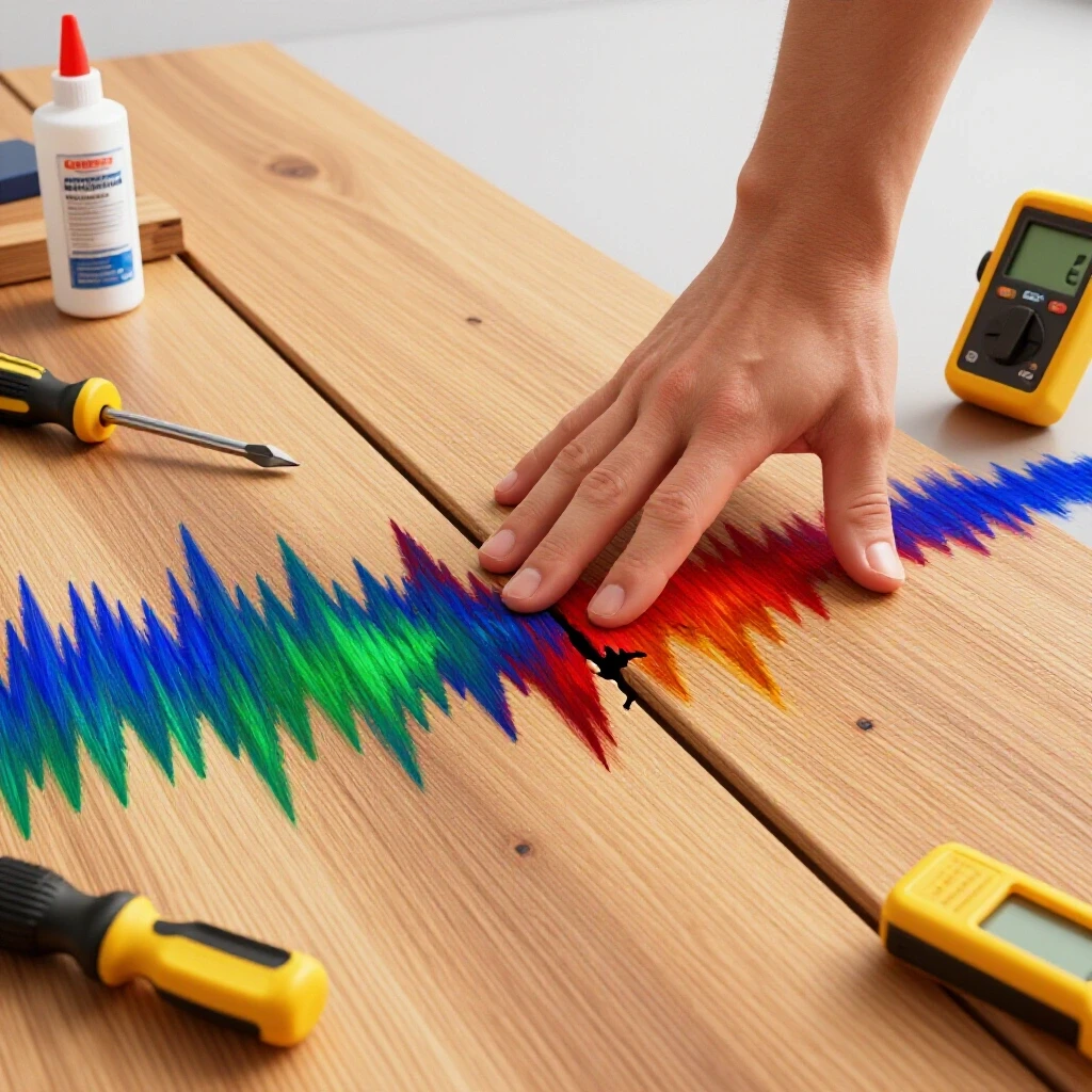 A hand pressing down on a creaky floorboard, with colorful sound waves and tools around, illustrating home repair solutions.