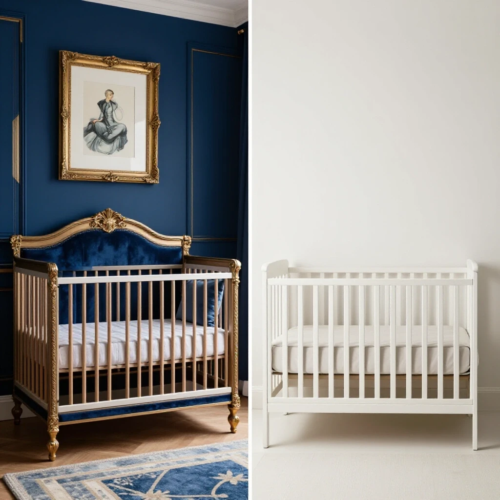 A split-image showcasing a luxurious nursery decor on one side and a minimalist affordable nursery setup on the other, emphasizing decor cost variety.
