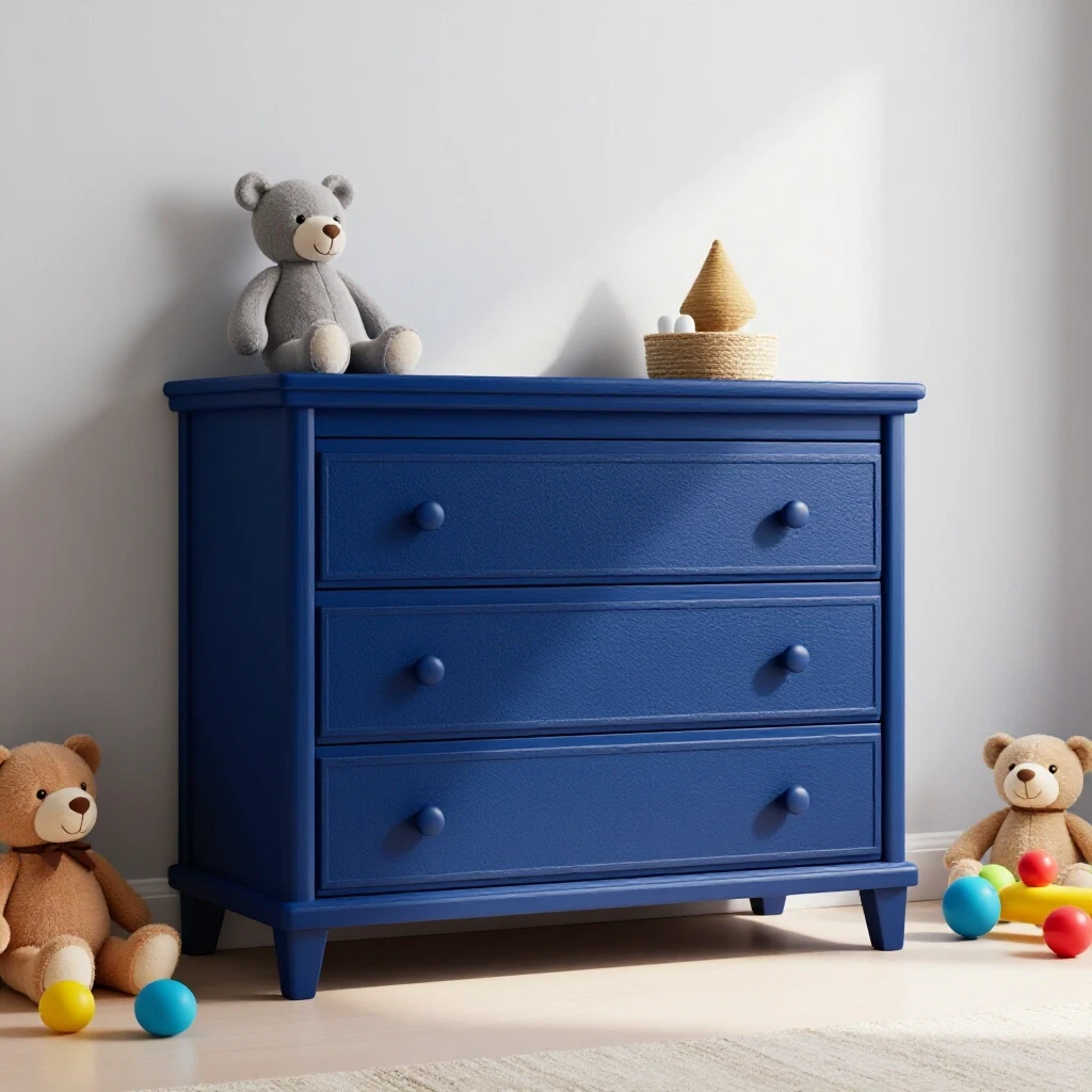 A beautifully assembled nursery dresser in a cozy, well-lit nursery, surrounded by colorful toys and stuffed animals, evoking warmth.