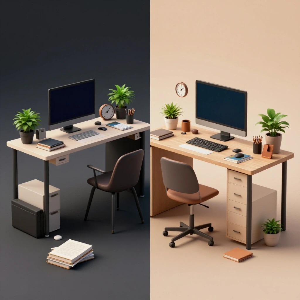 A visually striking image contrasting a chaotic office setup with an organized desk to highlight productivity tips for remote work.