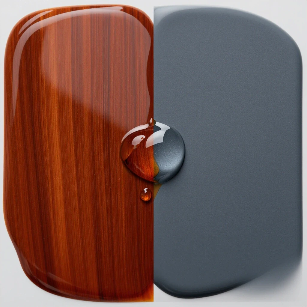 A split-image showcasing oil-based polyurethane on the left with a glossy finish and a warm color, contrasting with a matte water-based polyurethane on the right in cooler tones, both merging in the center with droplets.