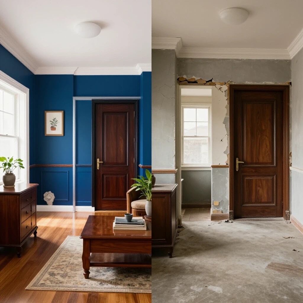 A split-image showing a beautifully maintained home interior juxtaposed with a rundown version, highlighting repair mistakes.