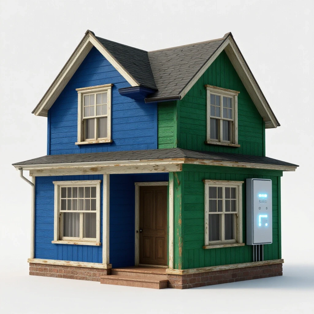 A vintage house half in a faded state, half transformed with modern electrical upgrades representing a renovation.