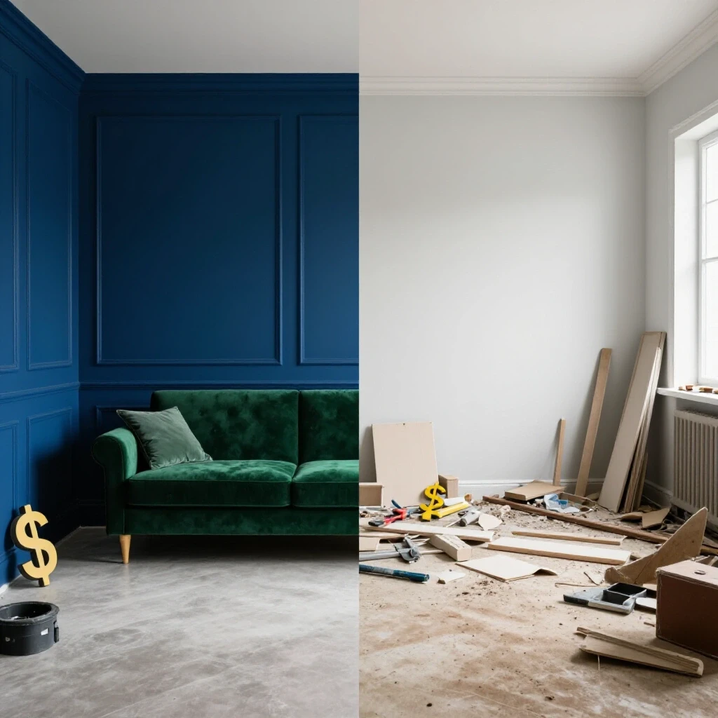 A captivating image split between a beautifully renovated room and a cluttered, dilapidated space, showcasing transformation.