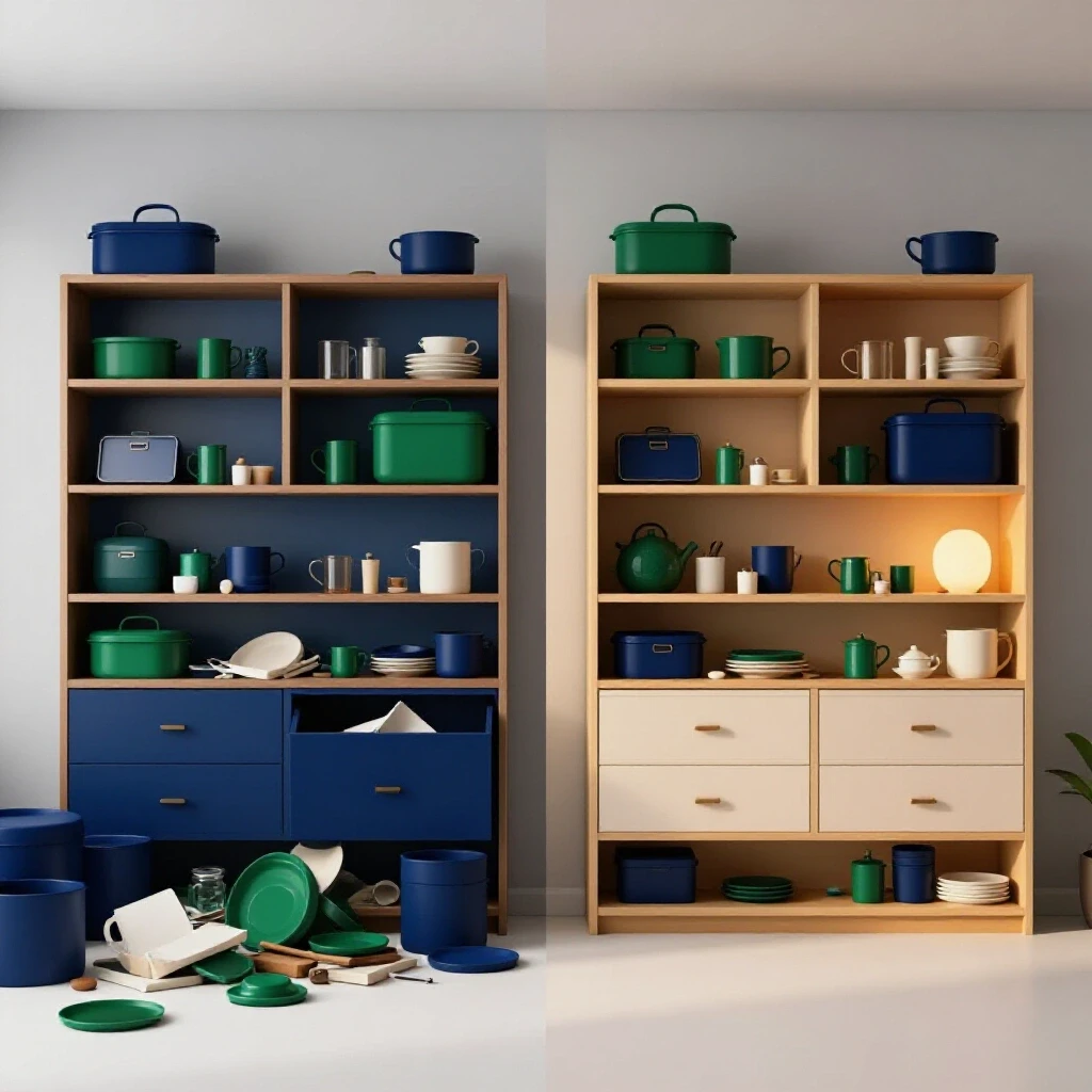 A beautifully organized room split into a cluttered side and a minimalist side, illustrating the one-in-one-out rule for home organization.