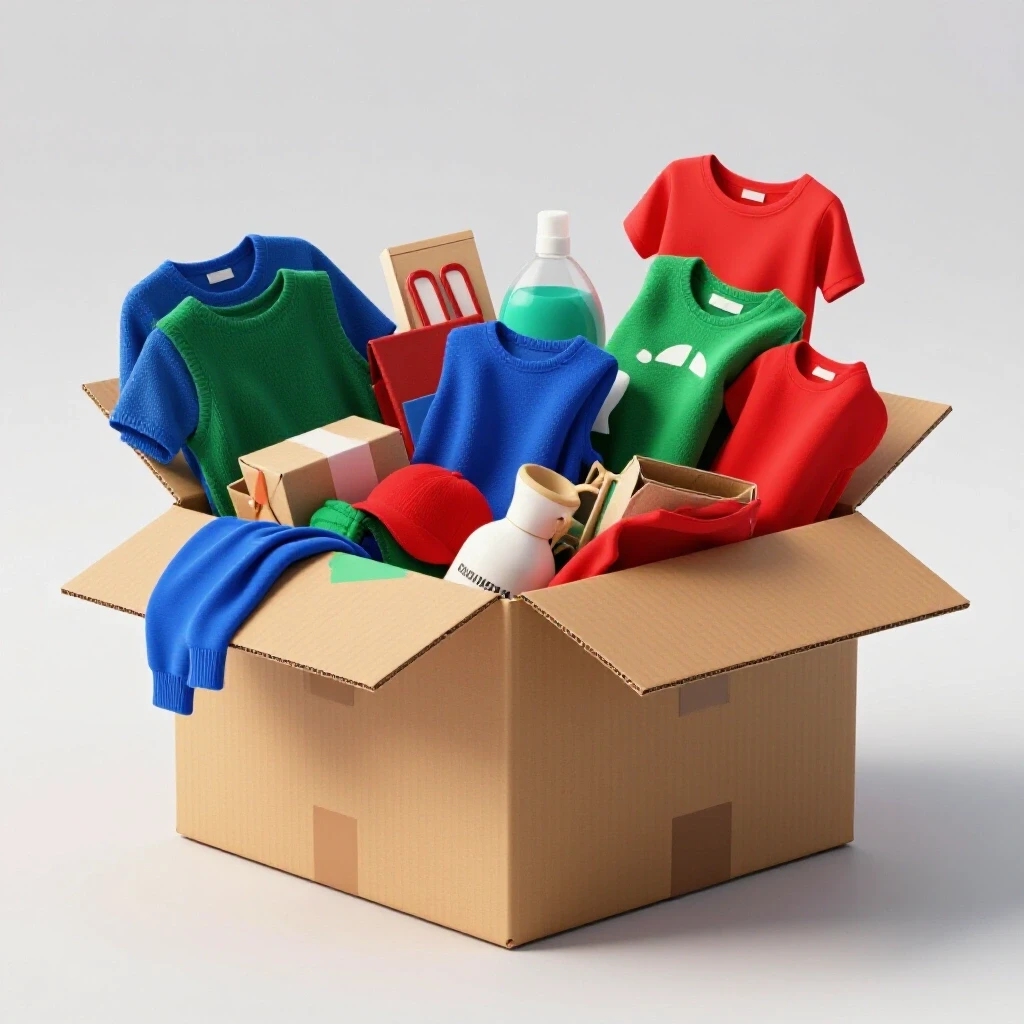An open cardboard box filled with colorful clothing and home decor items, set against a bright studio background.