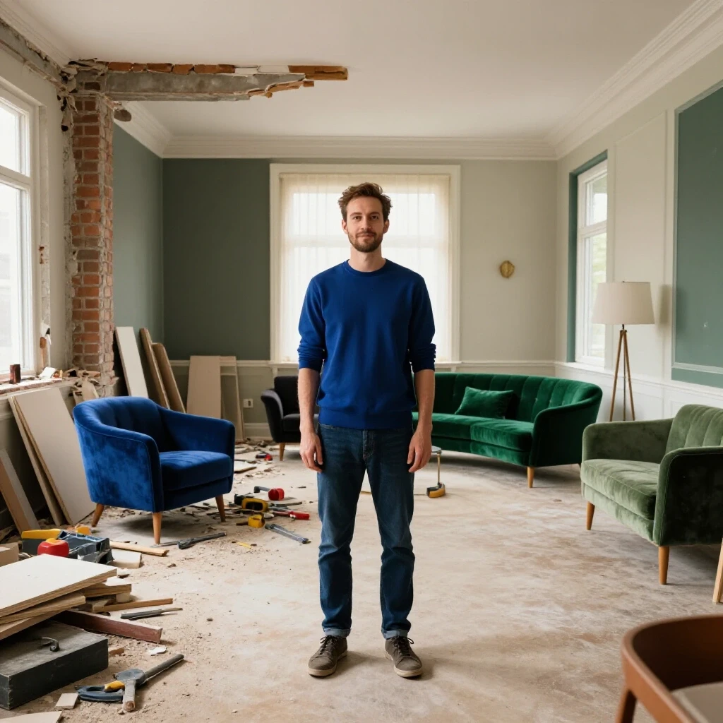 A split-scene image showing a demolished open-concept space on one side and a beautifully designed room on the other, emphasizing the transformation.
