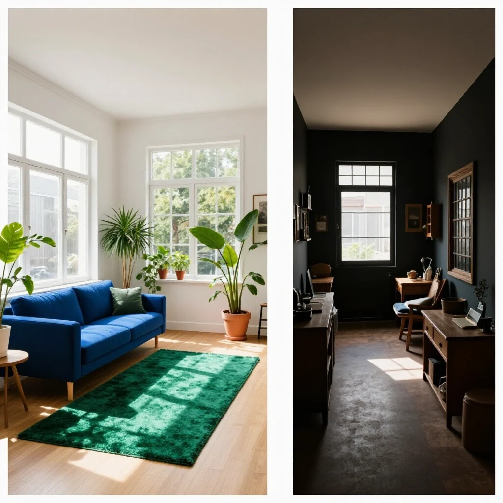 A split scene showcasing an open-concept living space with natural light and modern decor next to a dark, cluttered traditional room.